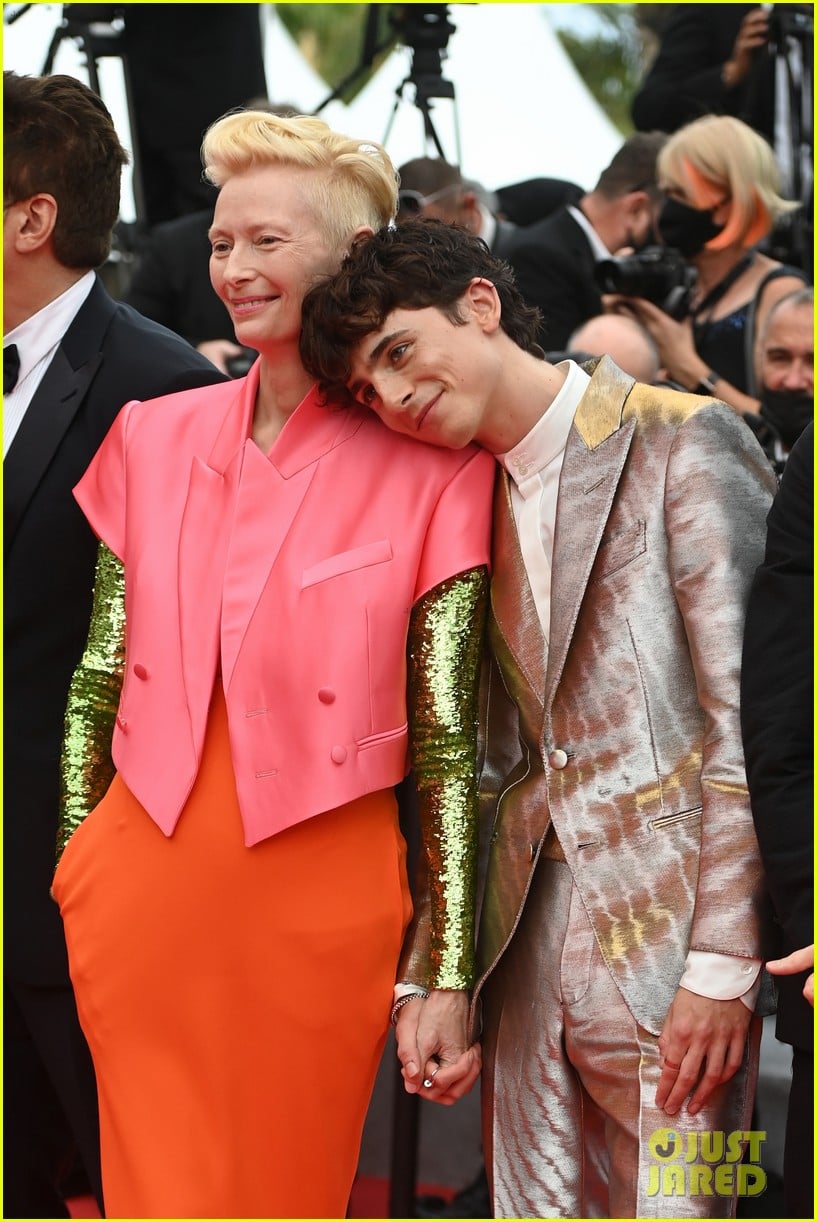timothee chalamet cozies up to costar tilda swinton at the french dispatch cannes premiere 01
