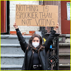 Vanessa Hudgens Sends Her Voting Message with Help from Dude with Sign!