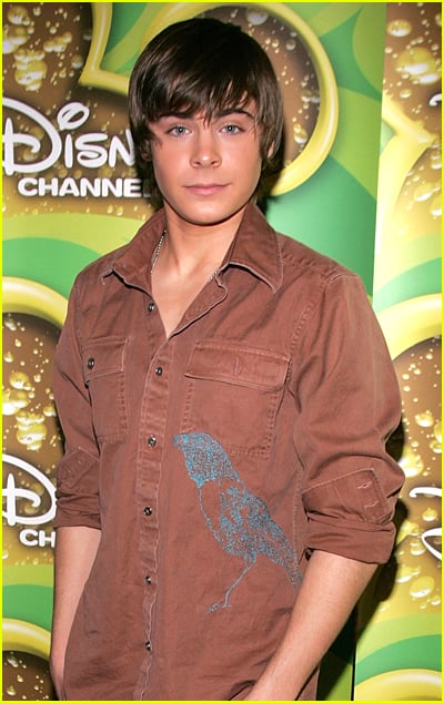 Zac Efron poses in front a Disney Channel backdrop, wearing a brown shirt