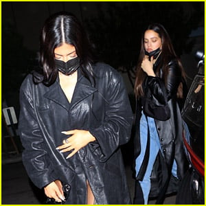 Kylie Jenner & Rosalia Match in Black Trenchcoats at Dinner!