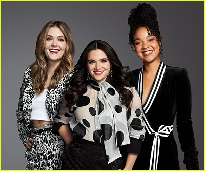 Meghann Fahy, Katie Stevens and Aisha Dee wear black and white for a group The Bold Type photo 