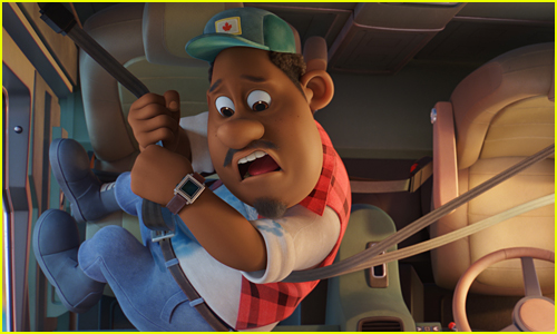 Gus looks really scared while hanging from a seatbelt in Paw Patrol The Movie