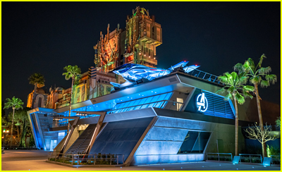 Avengers Headquarters at night at Disney California Adventure