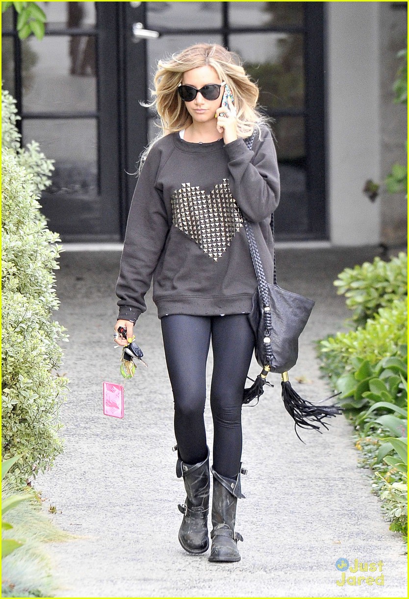 Ashley Tisdale wearing Free City Sweat Pants, Louis Vuitton Monogram  Vernice Key and Change Holder, Ed Hardy Skull R…