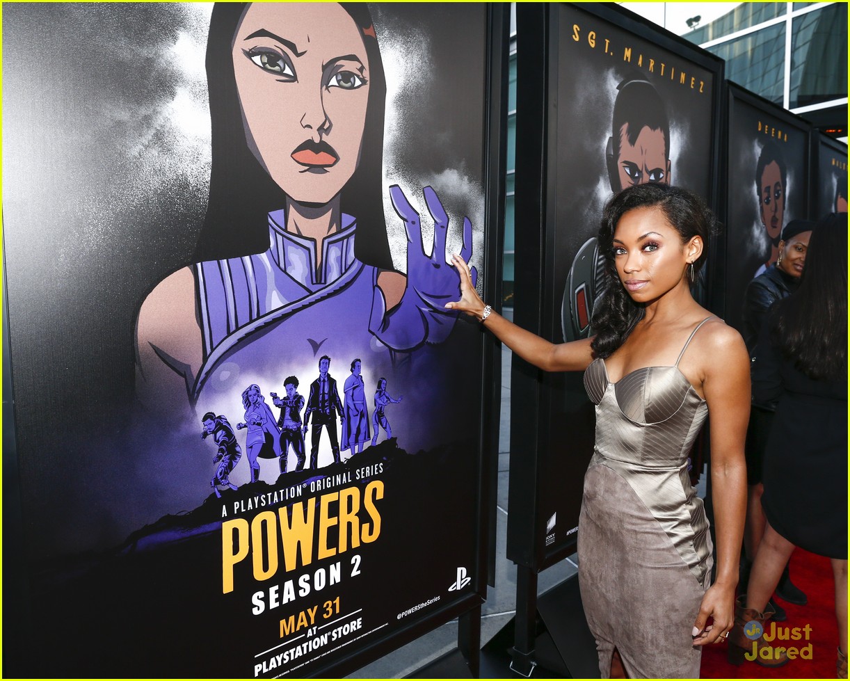 Olesya Rulin Reunites With Logan Browning At Powers Season Two Premiere Photo Logan Browning Max Fowler Olesya Rulin Shelby Steel Pictures Just Jared Jr