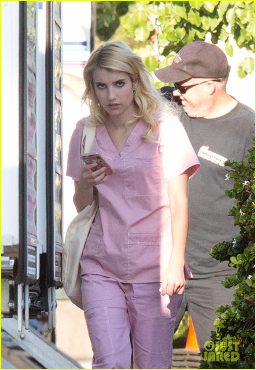 Full Sized Photo of emma roberts pink scrubs queens coffee pickup 02