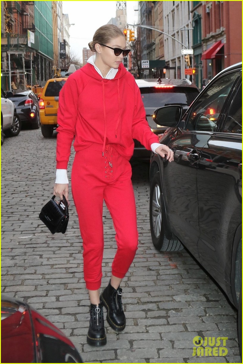 Gigi Hadid Wears a Red Sweatsuit While Heading Out into NYC! | Photo