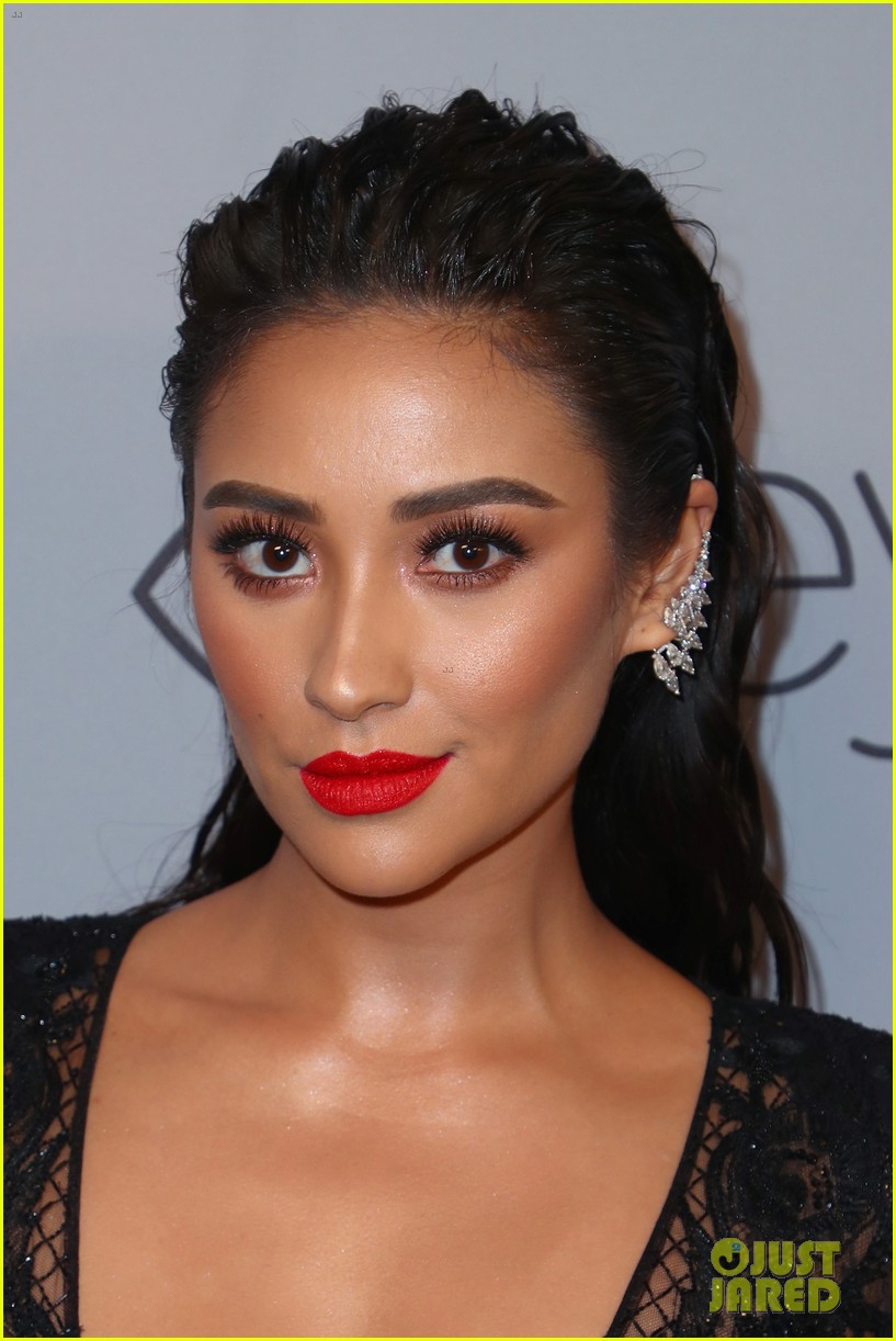 Shay Mitchell Wears a Sheer Lace Jumpsuit to Golden Globes Party ...