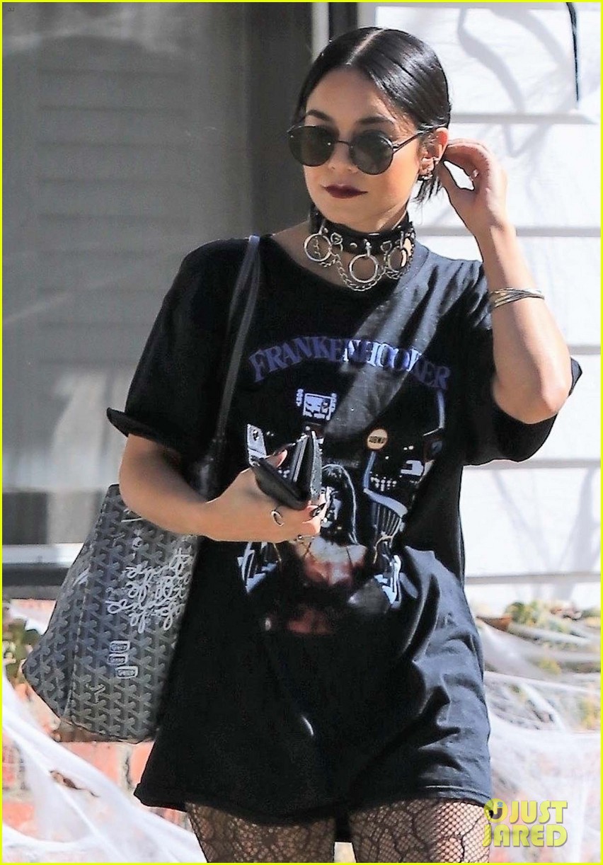 Vanessa Hudgens Pairs Halloween T Shirt With Spiderweb Tights While Visiting A Friend Photo