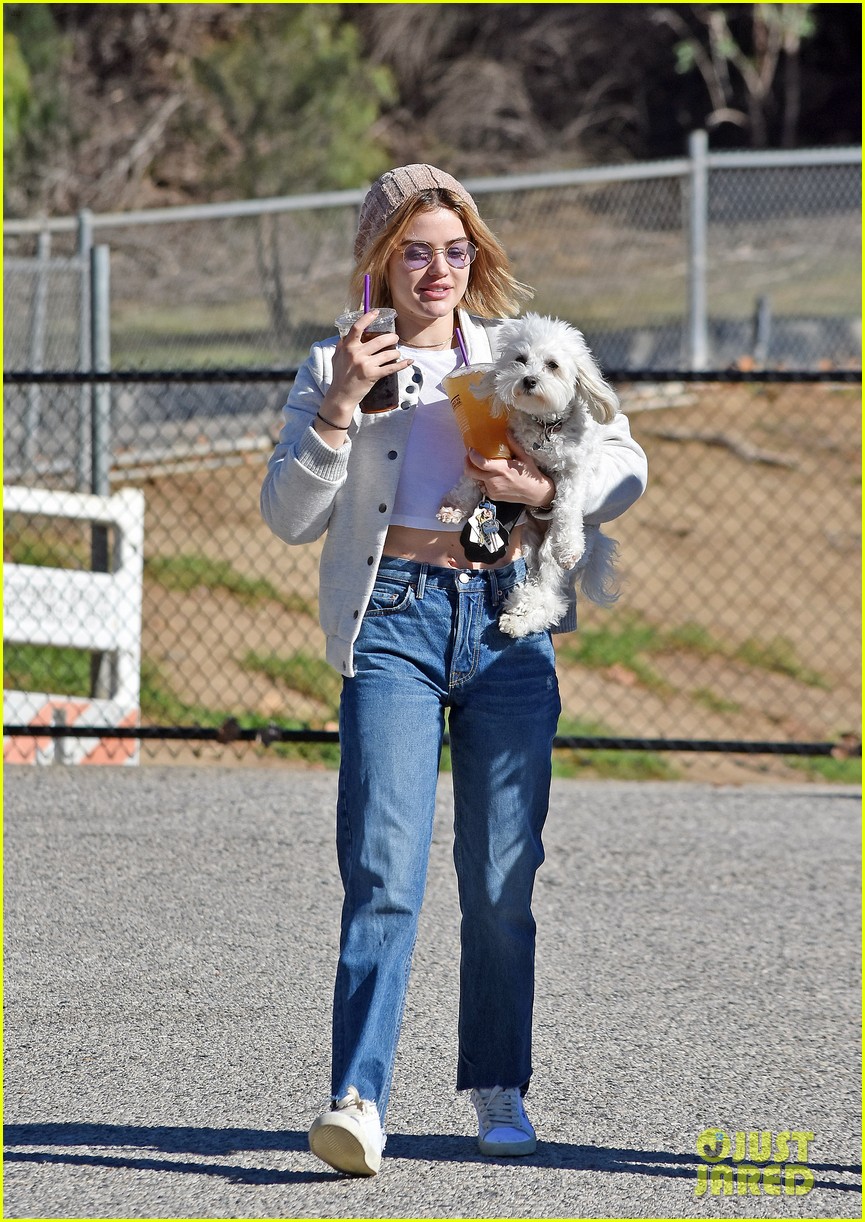 Full Sized Photo of lucy hale looks chic in long checked coat while out