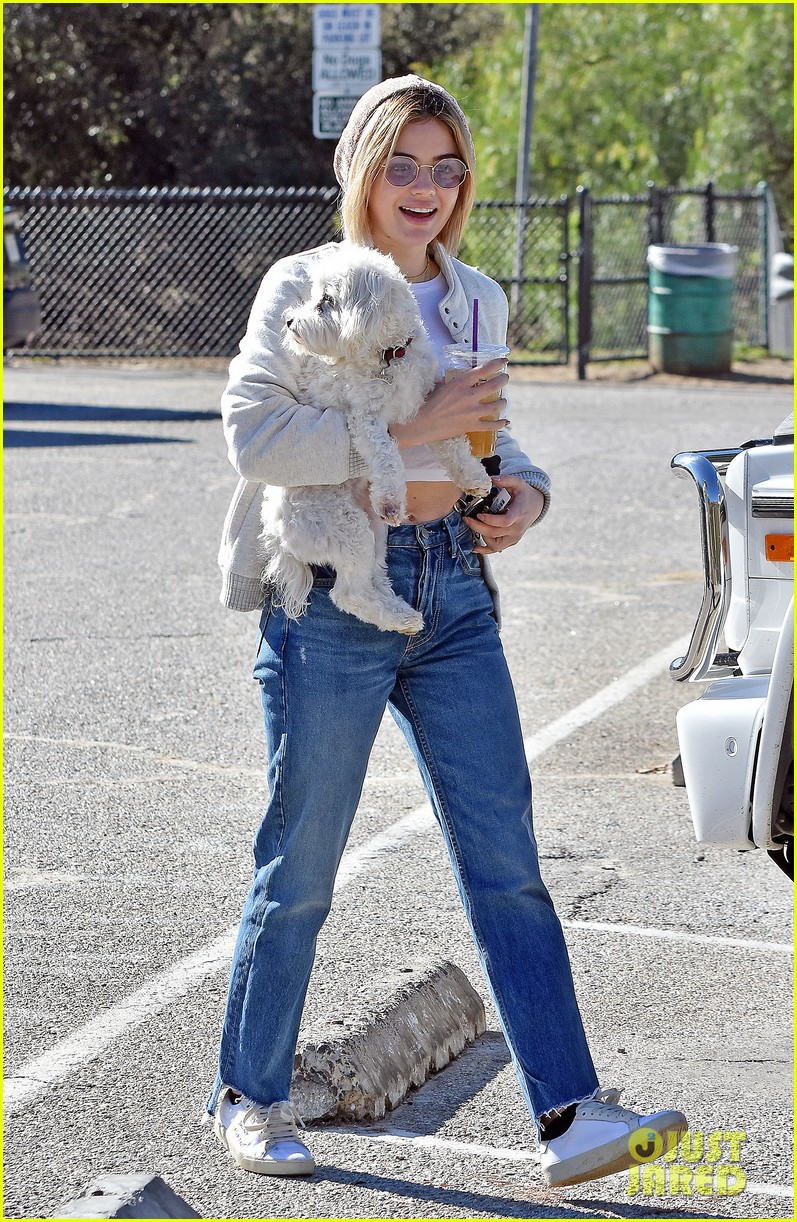 Full Sized Photo of lucy hale looks chic in long checked coat while out