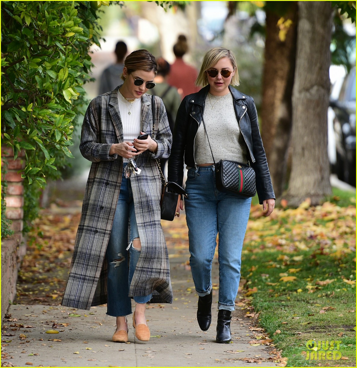 Full Sized Photo of lucy hale looks chic in long checked coat while out