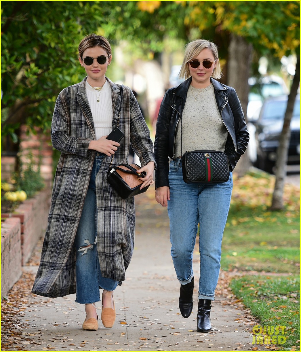Full Sized Photo of lucy hale looks chic in long checked coat while out