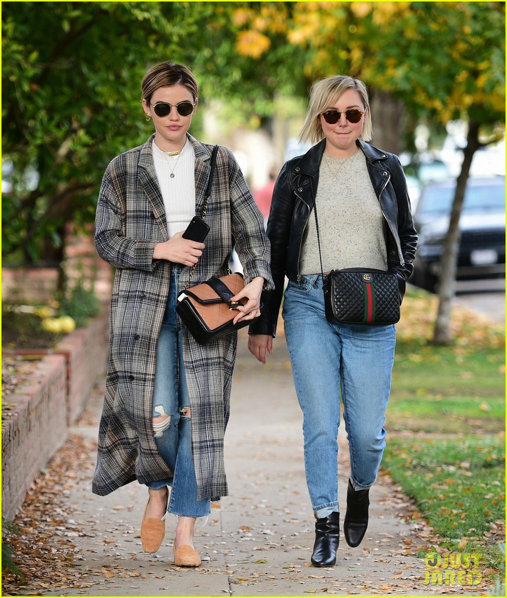Full Sized Photo of lucy hale looks chic in long checked coat while out