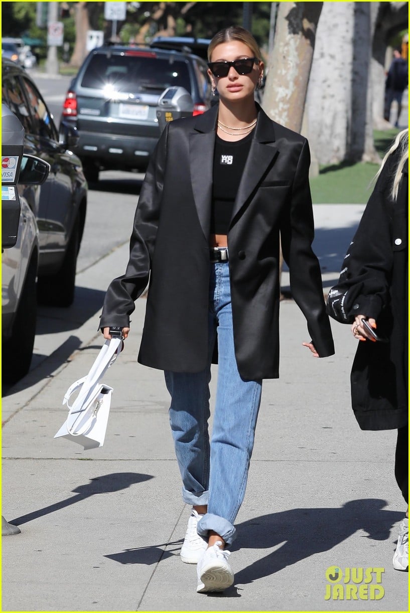 Full Sized Photo of hailey bieber keeps it chic in oversized blazer for