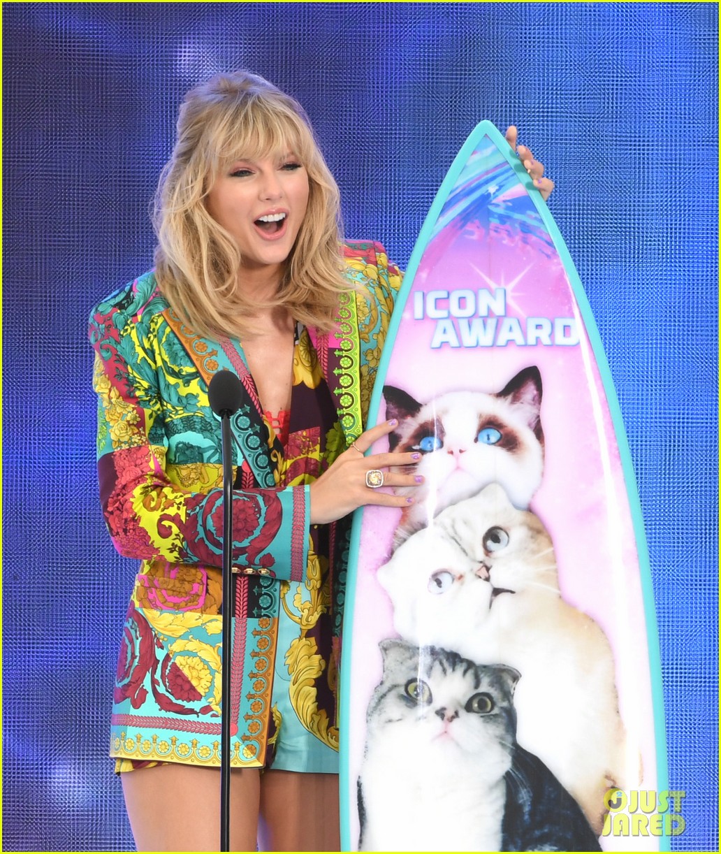 Taylor Swift Receives a Surfboard With Her Cats On it at Teen Choice