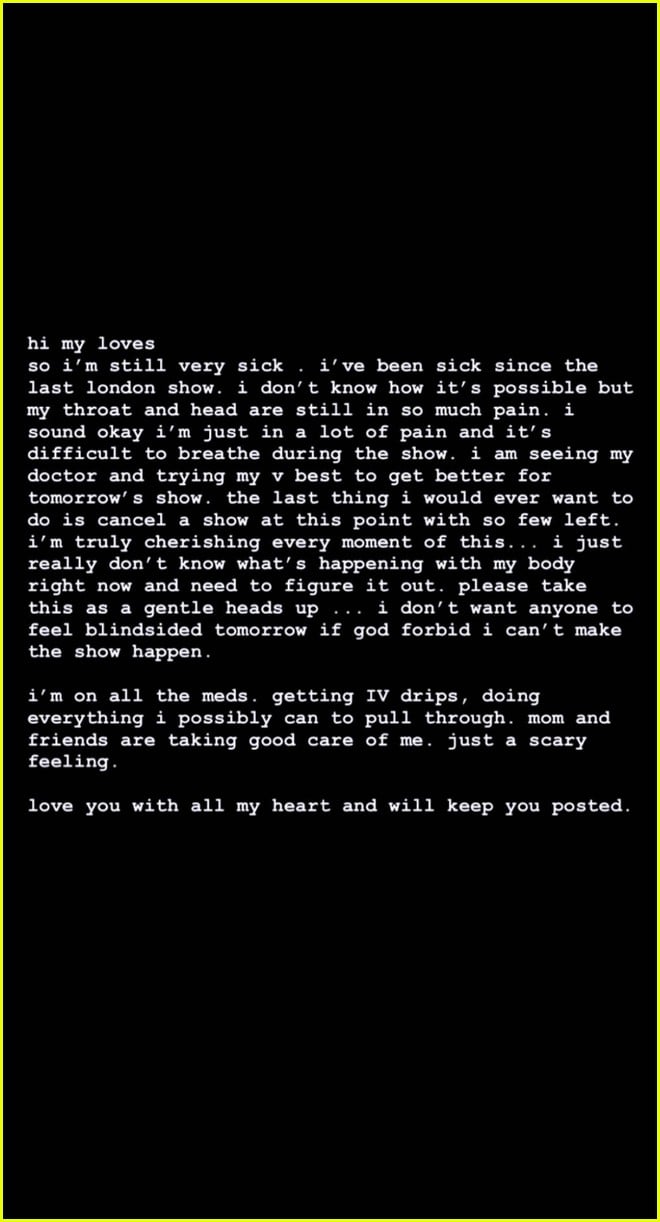 ariana grande warns fans she might have to cancel a show due to health 01