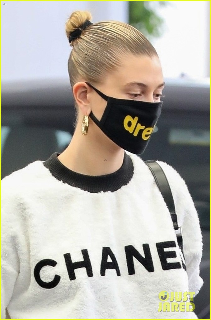 Hailey Bieber Rocks A Drew House Mask & Chanel Sweatshirt To The