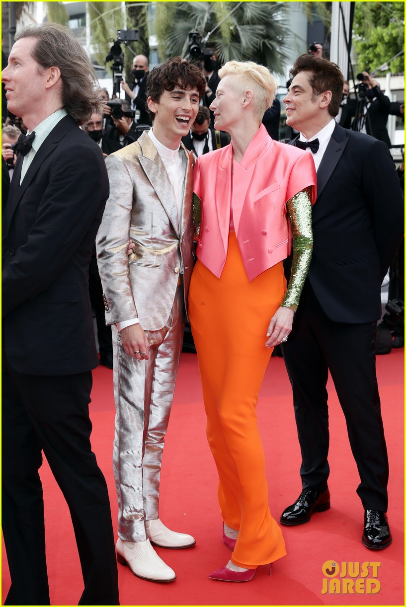 timothee chalamet cozies up to costar tilda swinton at the french dispatch cannes premiere 11
