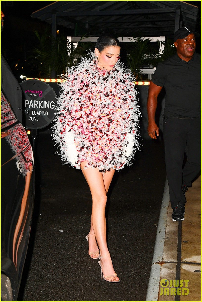 Dixie D'Amelio Rocks a Feather Dress As She Arrives at Justin Bieber's