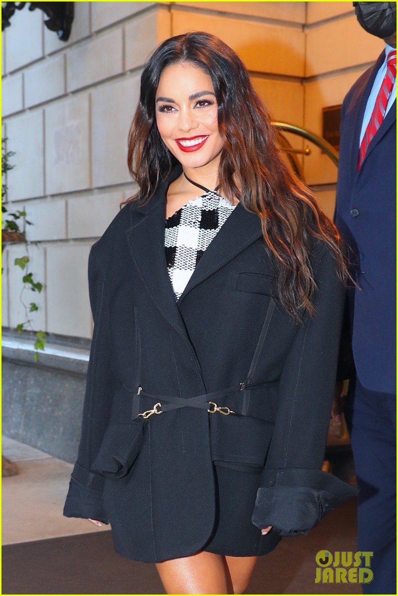 vanessa hudgens plaid dress on way to fallon 04