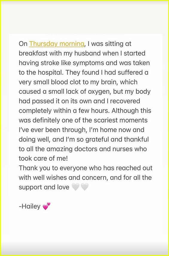 hailey bieber confirms hospitalization