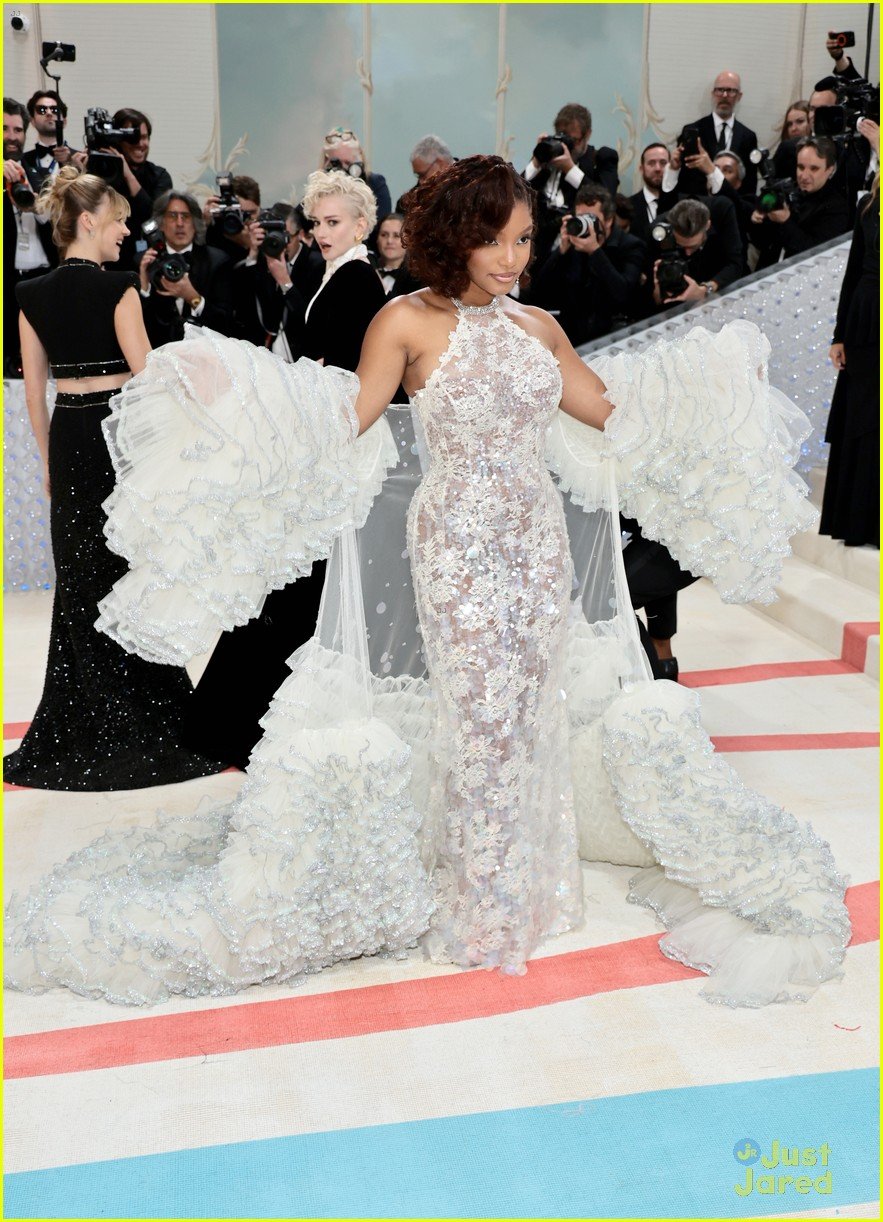 Full Sized Photo of halle bailey is vision in white at met gala ahead