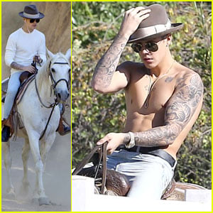 Justin Bieber goes horseriding topless - and poses up a storm