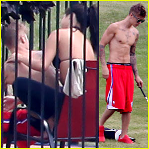 Shirtless Justin Bieber Lounges at the Pool with Bikini-Clad Girl