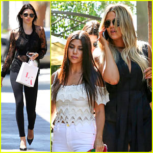 Kendall Jenner Wears Sheer Lace Top at Lunch with Kourtney & Khloe Kardashian