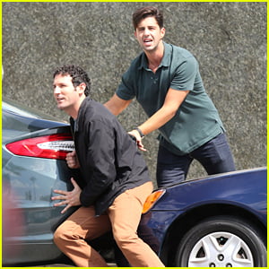 Josh Peck Tries To Push A Parked Car On 'Grandfathered' Set