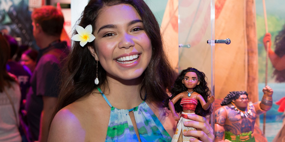 Auli'i Cravalho shows off the new Moana doll during her visit to the 2...