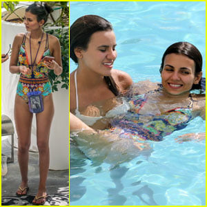 Victoria Justice Sports Colorful Swimsuit for Miami Pool Day!