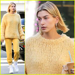 Hailey Bieber Wears Cozy Yellow Sweater & Pants in LA