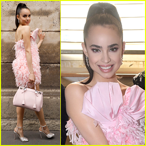 Sofia Carson Wears All The Frills To Giambattista Valli Fashion Show in