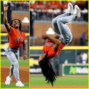Simone Biles Does Backflip Before Throwing First Pitch At World Series - Watch Now!