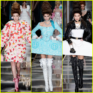 Gigi Hadid, Kaia Gerber, & Bella Hadid Wear Sky-High Wigs for Moschino Fashion Show!