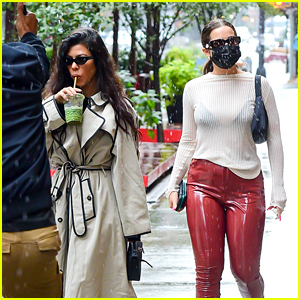 Addison Rae Wears Sheer Sweater & Red Latex Pants in NYC!