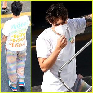 Harry Styles Wears a 'VOTE' Shirt on 'Don't Worry Darling' Set (Photos)