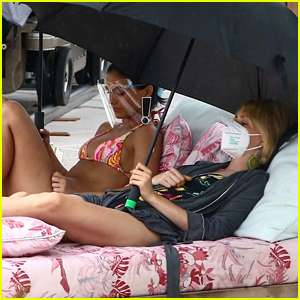 Camila Mendes & Maya Hawke Lounge By The Pool In Cute Suits While Filming 'Strangers'