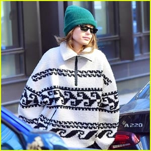Hailey Bieber Stays Warm in a Green Beanie On a Chilly Day in NYC