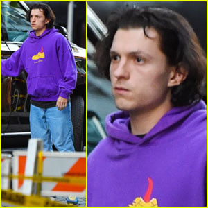 Tom Holland Wears Comfy Purple Hoodie to Lunch in NYC